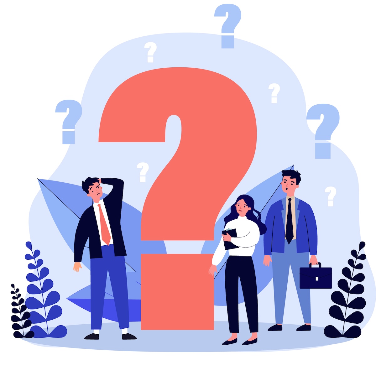 Confused businesspeople asking questions. Puzzled cartoon characters searching answers and problem solution near big question mark. Vector illustration thinking, help, assistance, trouble for concept