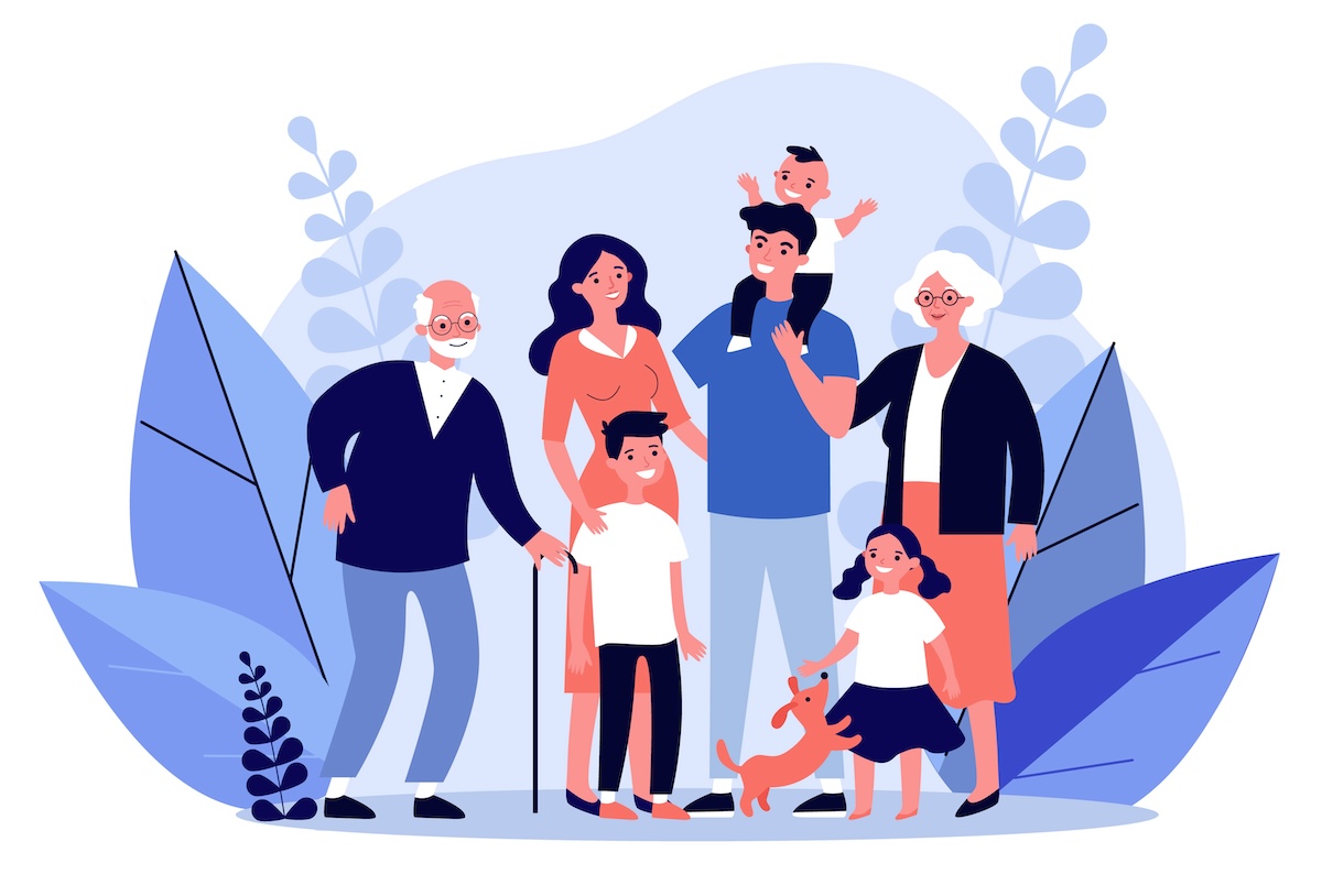 Happy big family standing together flat vector illustration. Grandma, grandpa, mom, dad, children, and pet. Smiling cartoon characters gathering in group.